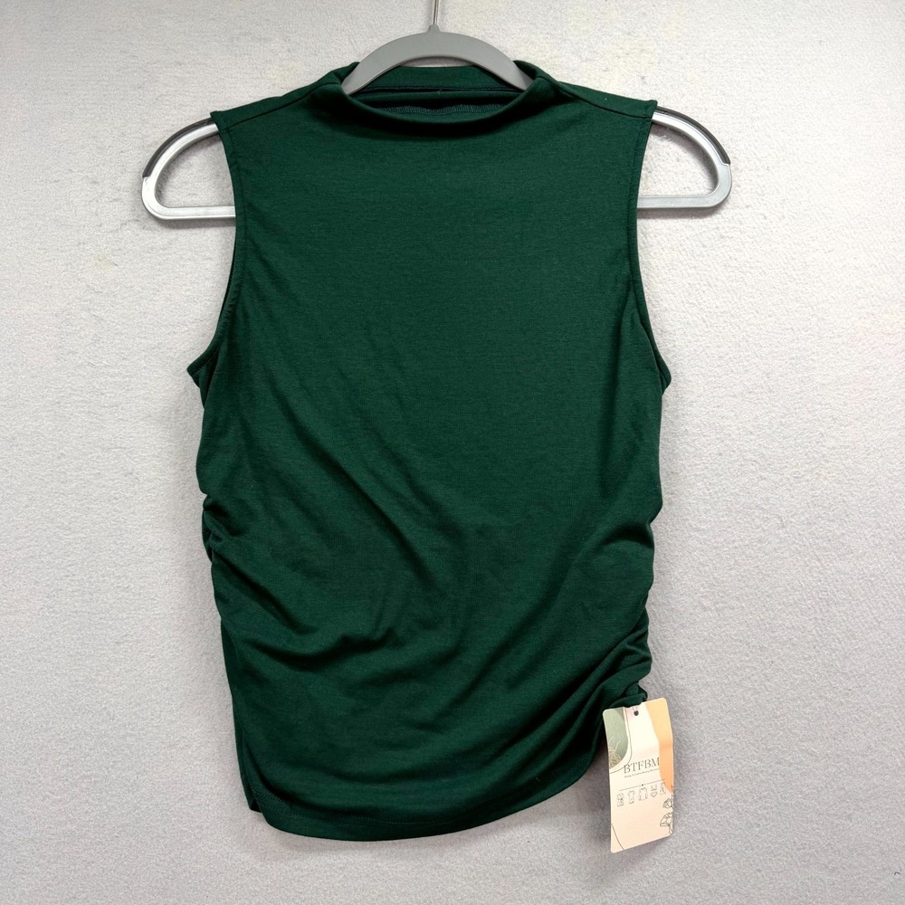 BTFBM Tank Top Women Medium Green Stretch Sleeveless Side Shirring Mock Neck NEW